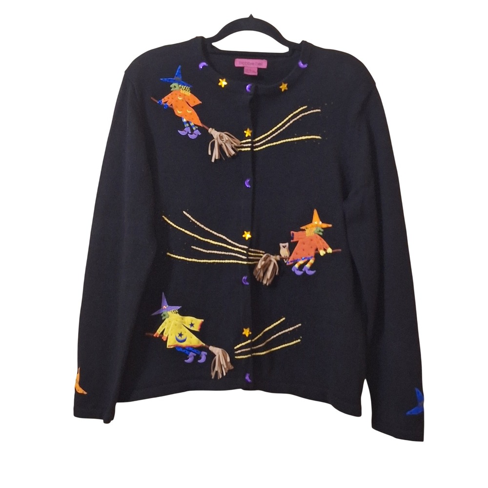 Bobbie Bell Halloween Witches Cardigan Sweater Black Embroidered Beaded Large